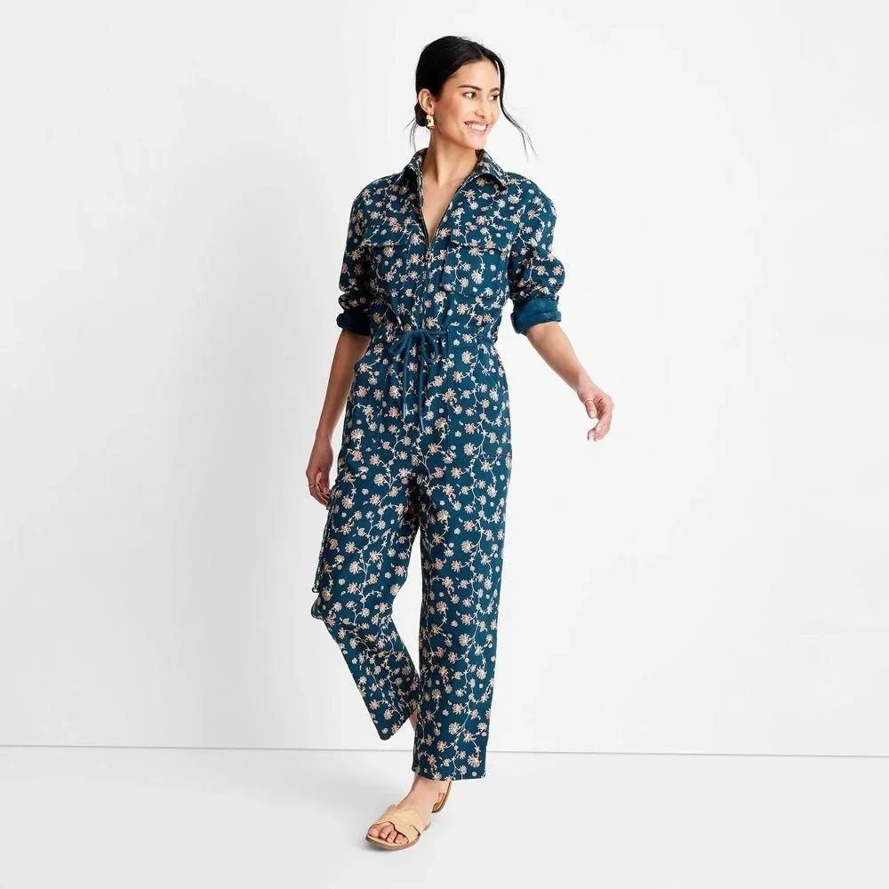 Women's Floral Zip-Front Jumpsuit Teal Size 00 – Future Collective New With Tags